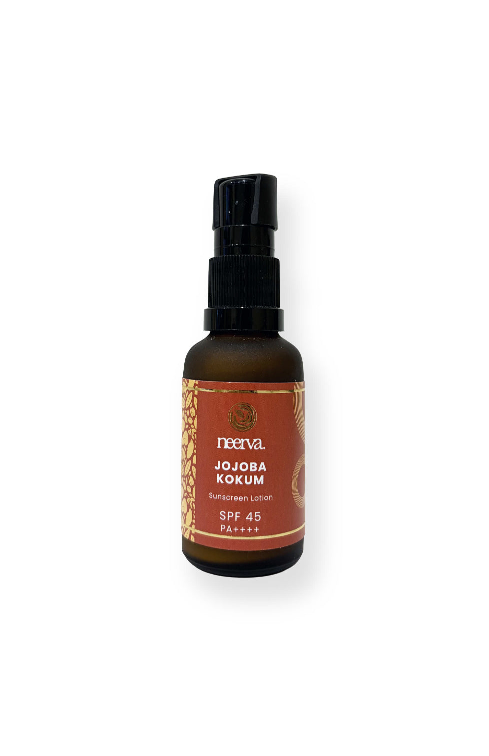 A small amber glass pump bottle with a black pump dispenser and a brown label reading 'neerva JOJOBA KOKUM' and 'SPF 45'.