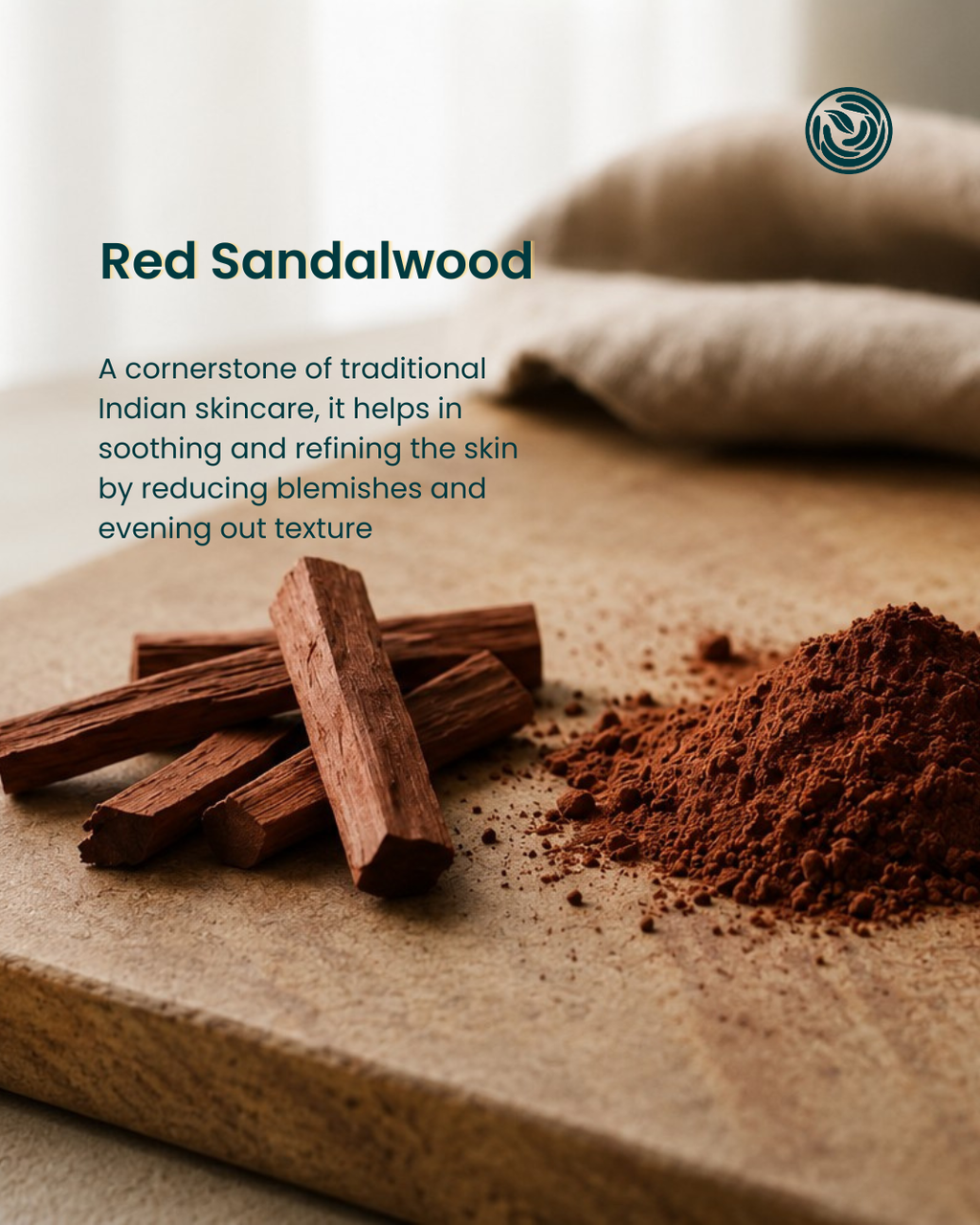 Red sandalwood bark sticks and a pile of red sandalwood powder on a wooden board, with text describing its benefits for Indian skincare, and a logo in the top right corner.