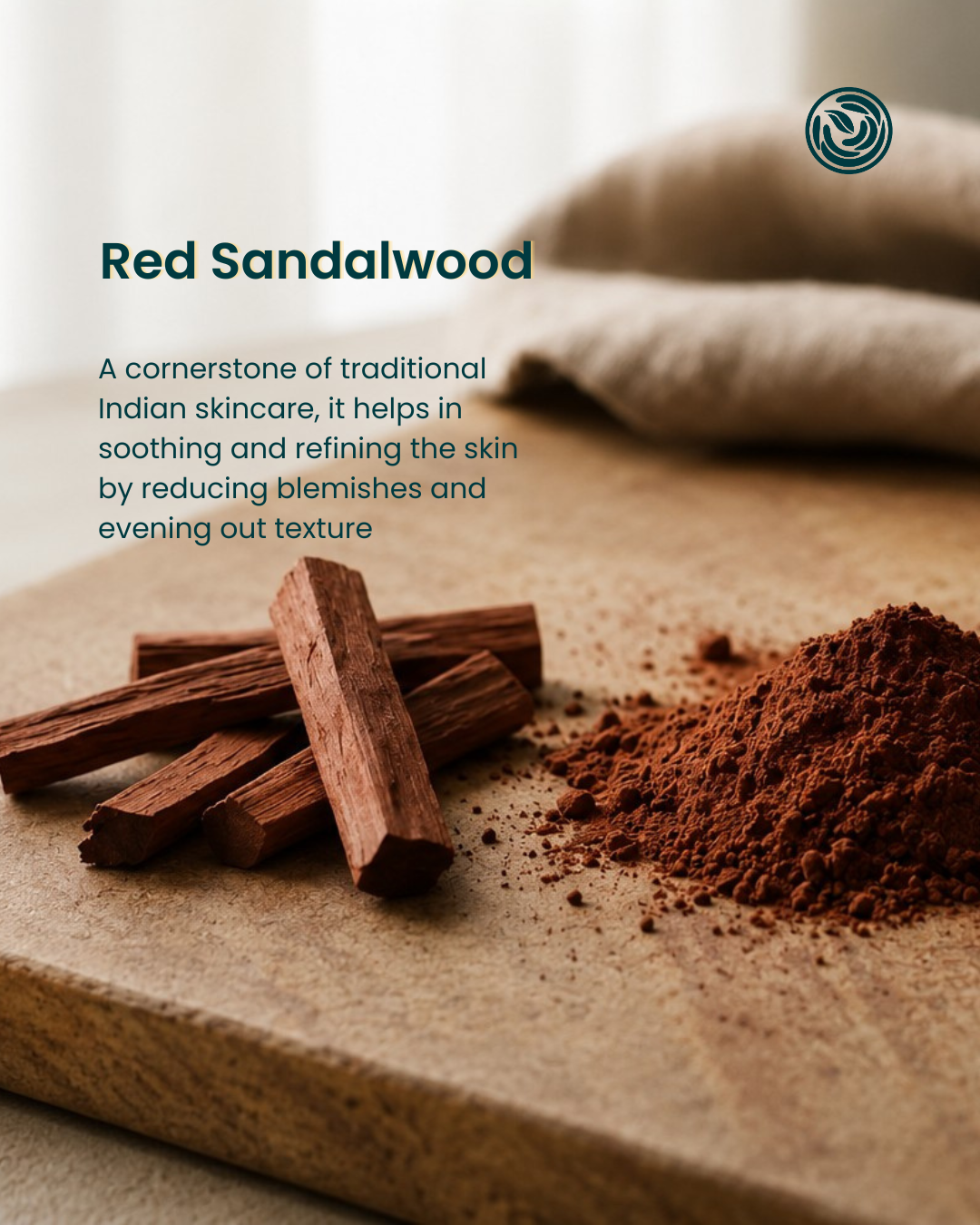 Red sandalwood bark sticks and a pile of red sandalwood powder on a wooden board, with text describing its benefits for Indian skincare, and a logo in the top right corner.
